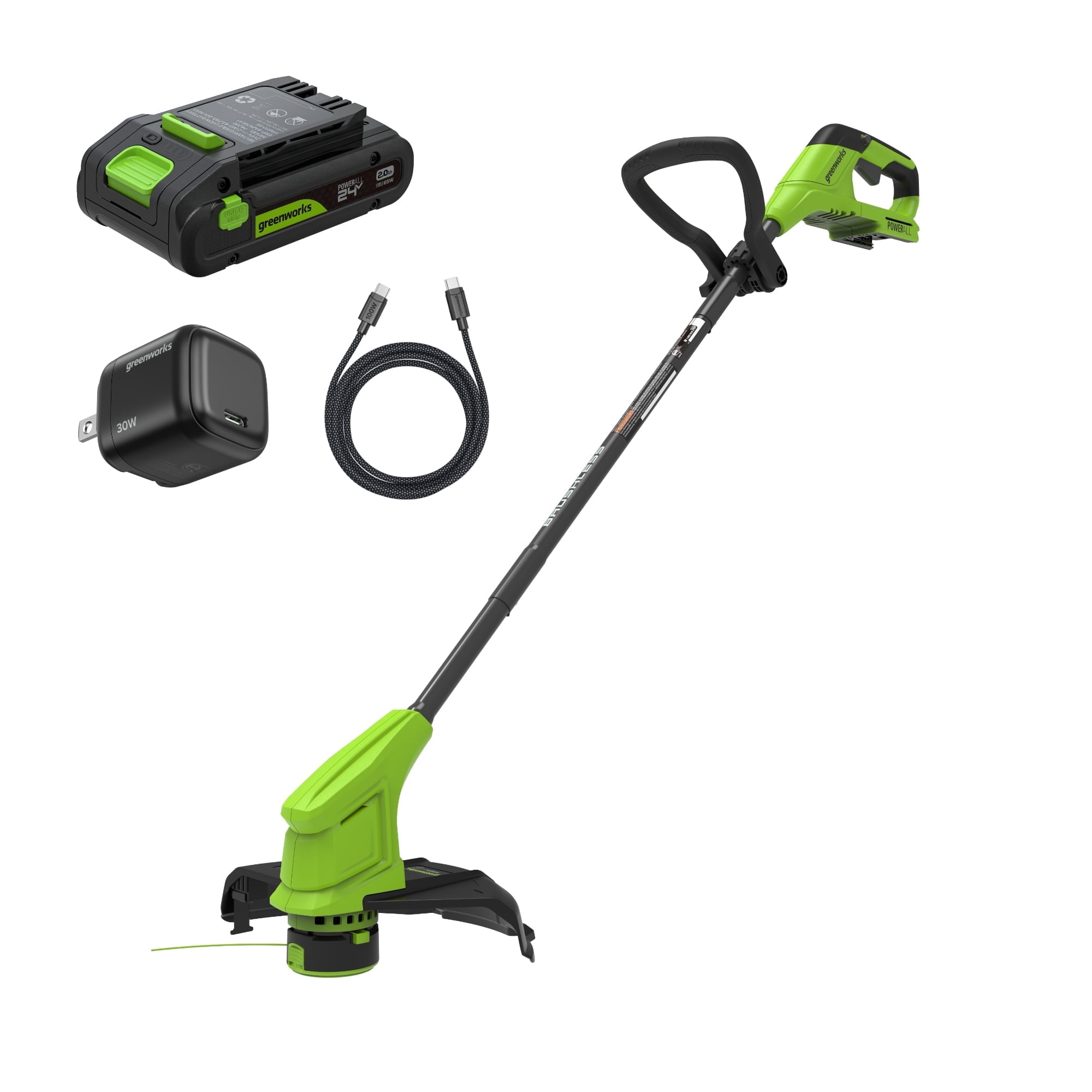 Greenworks 24V 12" Brushless String Trimmer Kit, Auto-Feed, 3-Piece Shaft, 2.0Ah USB-C Battery, 30W USB-C GAN Charger, 4.08lbs (Without Battery), 3-Year Warranty