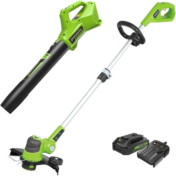 Greenworks 24V 12" Cordless String Trimmer and Blower Combo Kit, 2Ah USB Battery and Charger Included