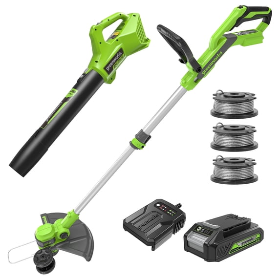 Greenworks 24V 12" Cordless String Trimmer/Edger and Leaf Blower Combo Kit + 3 Bonus Spools, 2.0Ah Battery and Charger Included