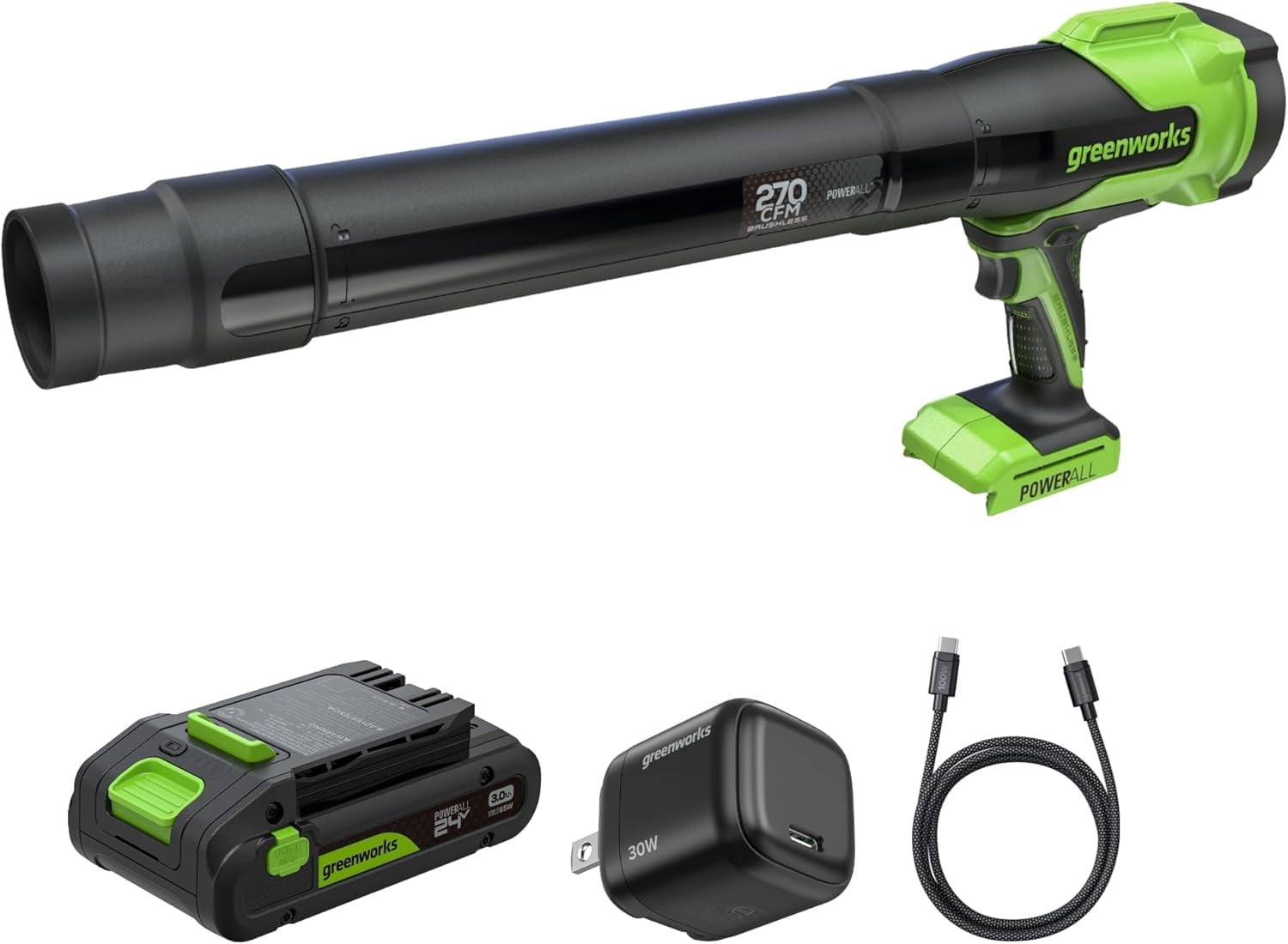 Greenworks 24V (130 MPH / 270 CFM) Brushless Compact Leaf Blower, Powerful for Yard, Patio, Deck and Driveway Cleanup, Includes 3.0Ah USB-C Battery and GaN Charger