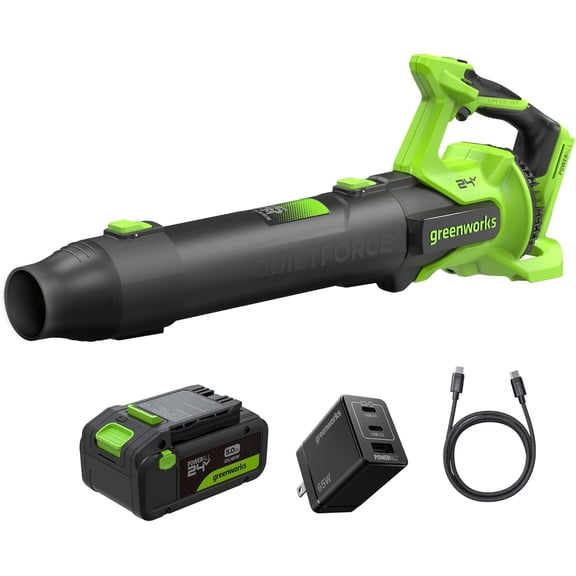 Greenworks 24V (130 MPH / 515 CFM) Brushless Axial Leaf Blower, Extreme Air Volume for Wet Leaves, Heavy Debris and Driveway Cleanup, Includes 5.0Ah USB-C Battery and GaN Charger