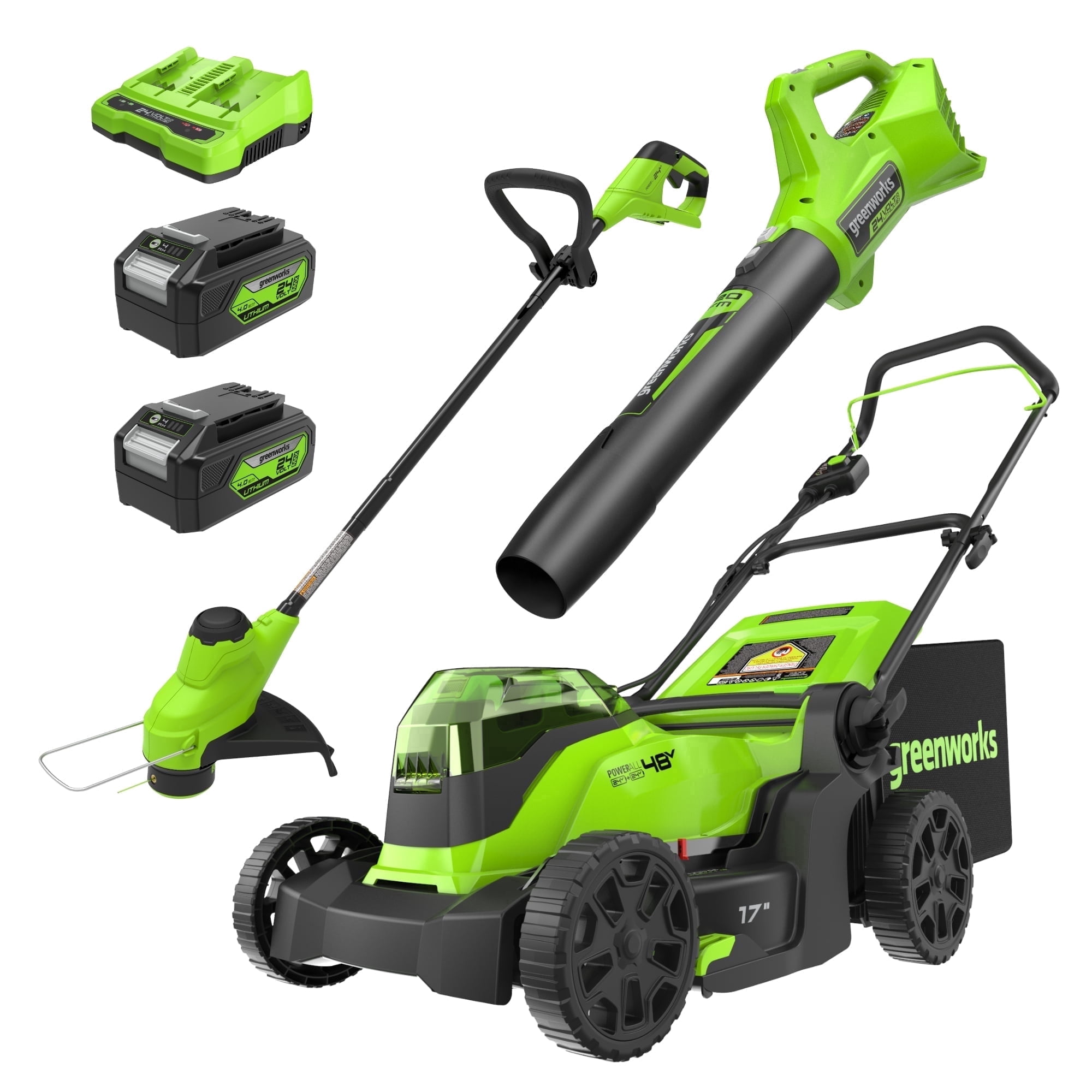 Greenworks 48V (24V x 2) 17" Brushless Push Mower+12" String Trimmer +320CFM Blower,(2) 4.0Ah Batteries and 2A Dual Port Charger