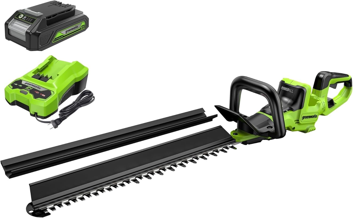 Greenworks 24V 24" (1.1" Cutting Capacity/Rotating Handle) Brushless Hedge Trimmer Cordless, 2.0Ah Battery and Charger Included