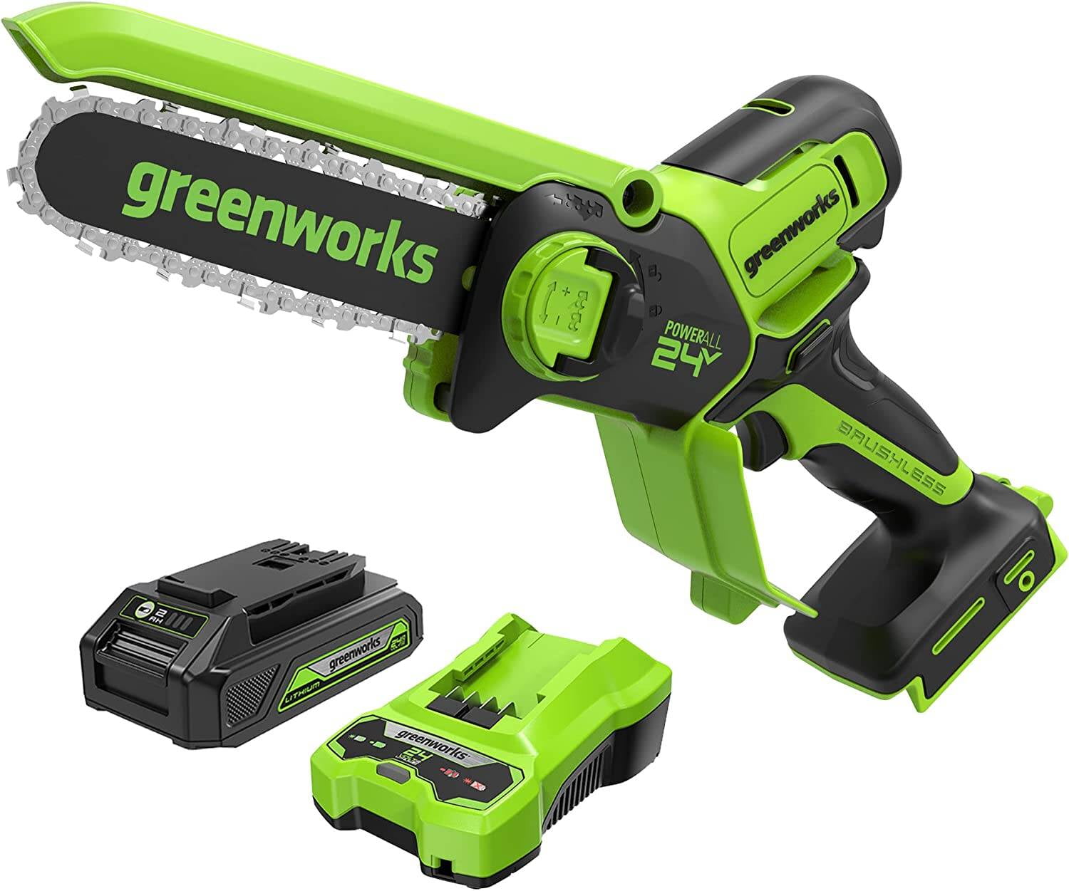 Greenworks 24V 6” Brushless Cordless Battery Pruner Chain Saw with 2.0Ah Battery & Charger 2010202