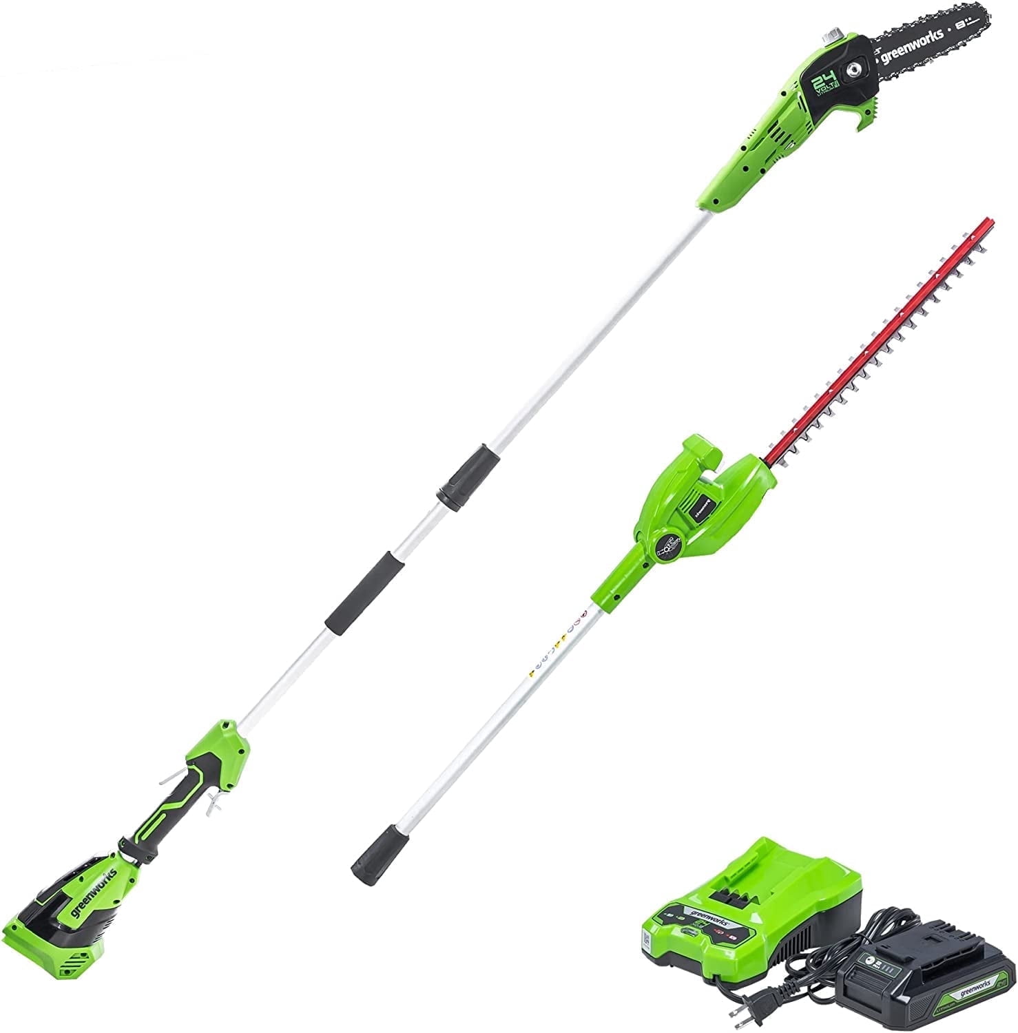 Greenworks 24V 8” Polesaw / Pole Hedge Trimmer Combo, 2.0Ah Battery and Charger