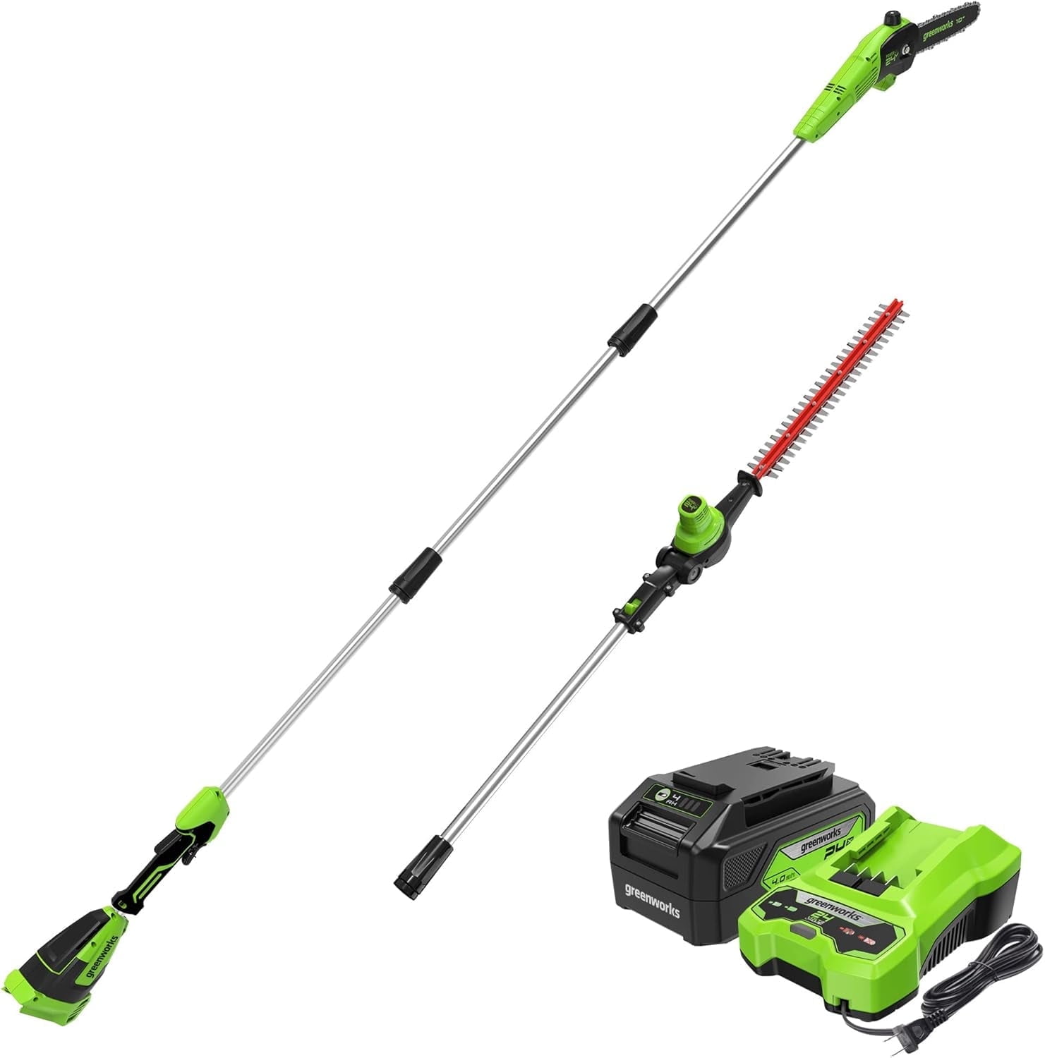 Greenworks 24V Brushless 10" Pole Saw/20" Pole Hedge Trimmer Combo Kit, 4.0 Ah Battery and Charger Included
