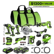 Greenworks 24V Brushless 10PC Power Tool Combo, Drill+Impact Driver+Circular Saw+Recip Saw+Jig Saw+Sander+Light+Multi-Tool+Nailer+Grinder,w/4.0Ah+2.0Ah Batteries and 65W USB-C Charger