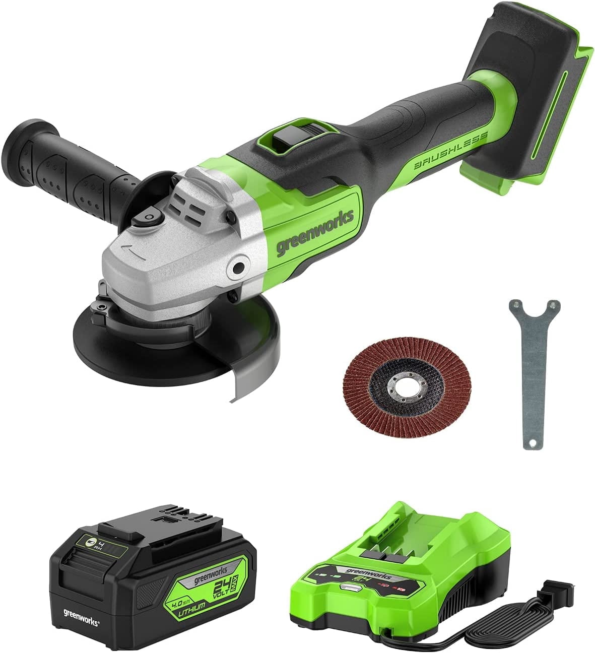 Greenworks 24V Brushless Angle Grinder with 4Ah USB Battery and Charger