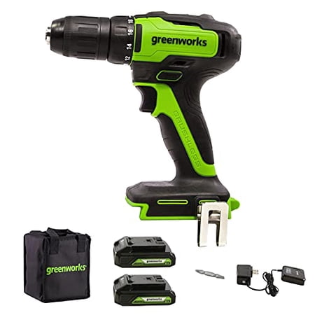 Greenworks 24V Brushless Cordless 1/2-Inch Drill / Driver, (2) USB Batteries (Power Banks) and Charger, 3703702AZ