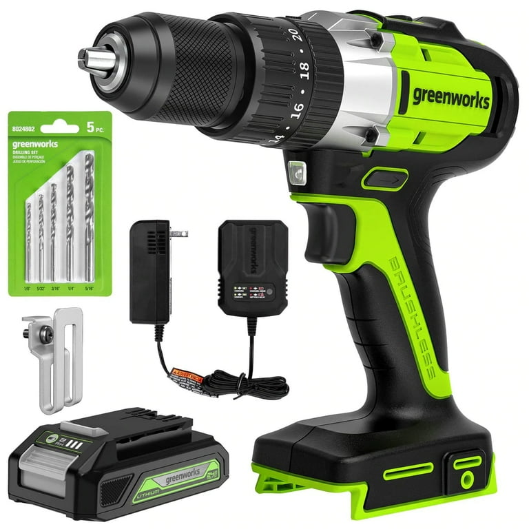 Greenworks 24V Brushless Cordless Hammer Drill 5 Piece Bit Set 2.0 Ah Battery Charger