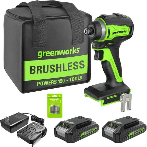 Greenworks 24V Brushless Cordless Impact Driver Kit, 1900 in./lbs Torque, Variable Speed, 2×2Ah Batteries with 2A Charger, LED Light, 8pcs Drill/Driver Bits with Tool Bag