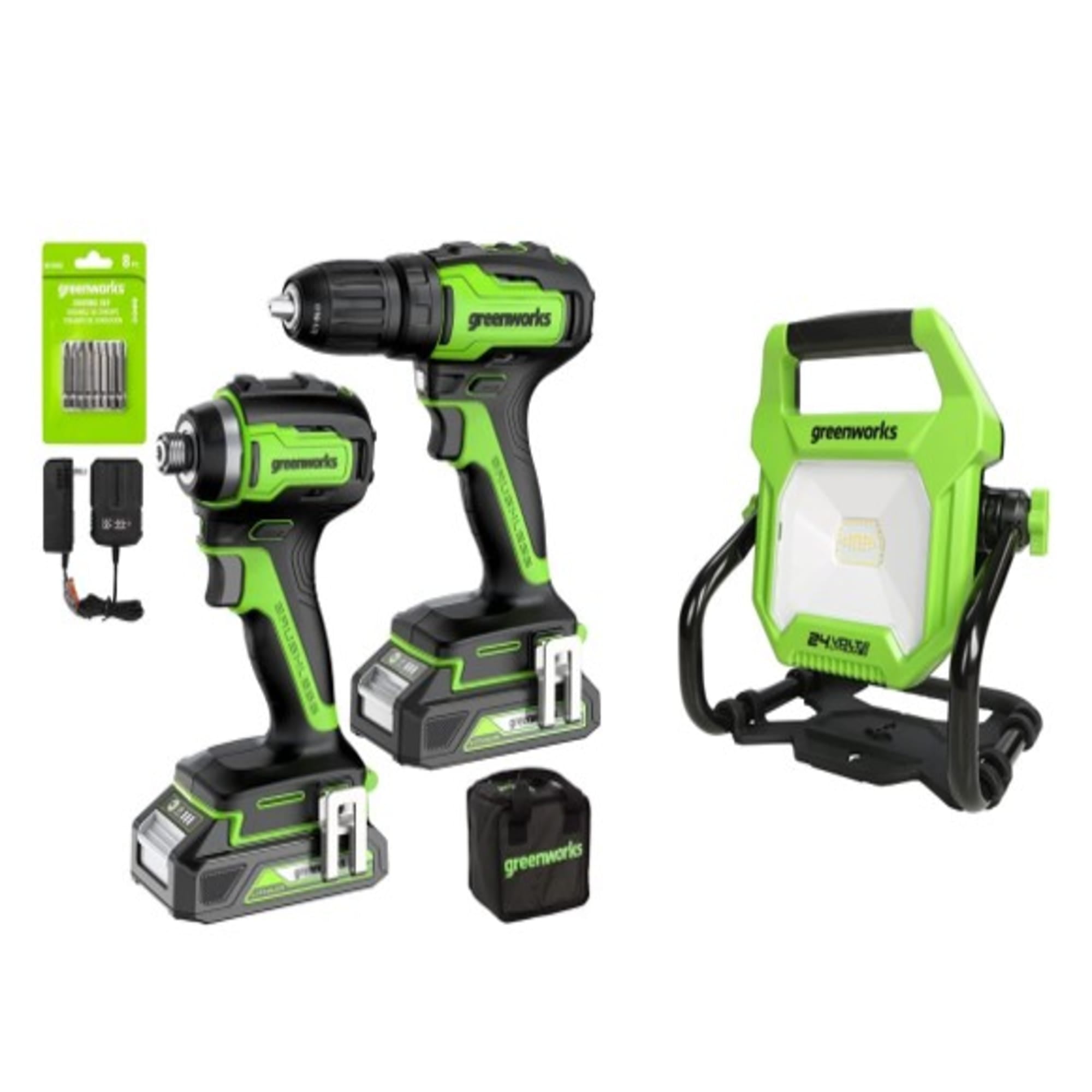 Greenworks 24V Brushless Drill/Driver + Impact Driver + LED Work Light