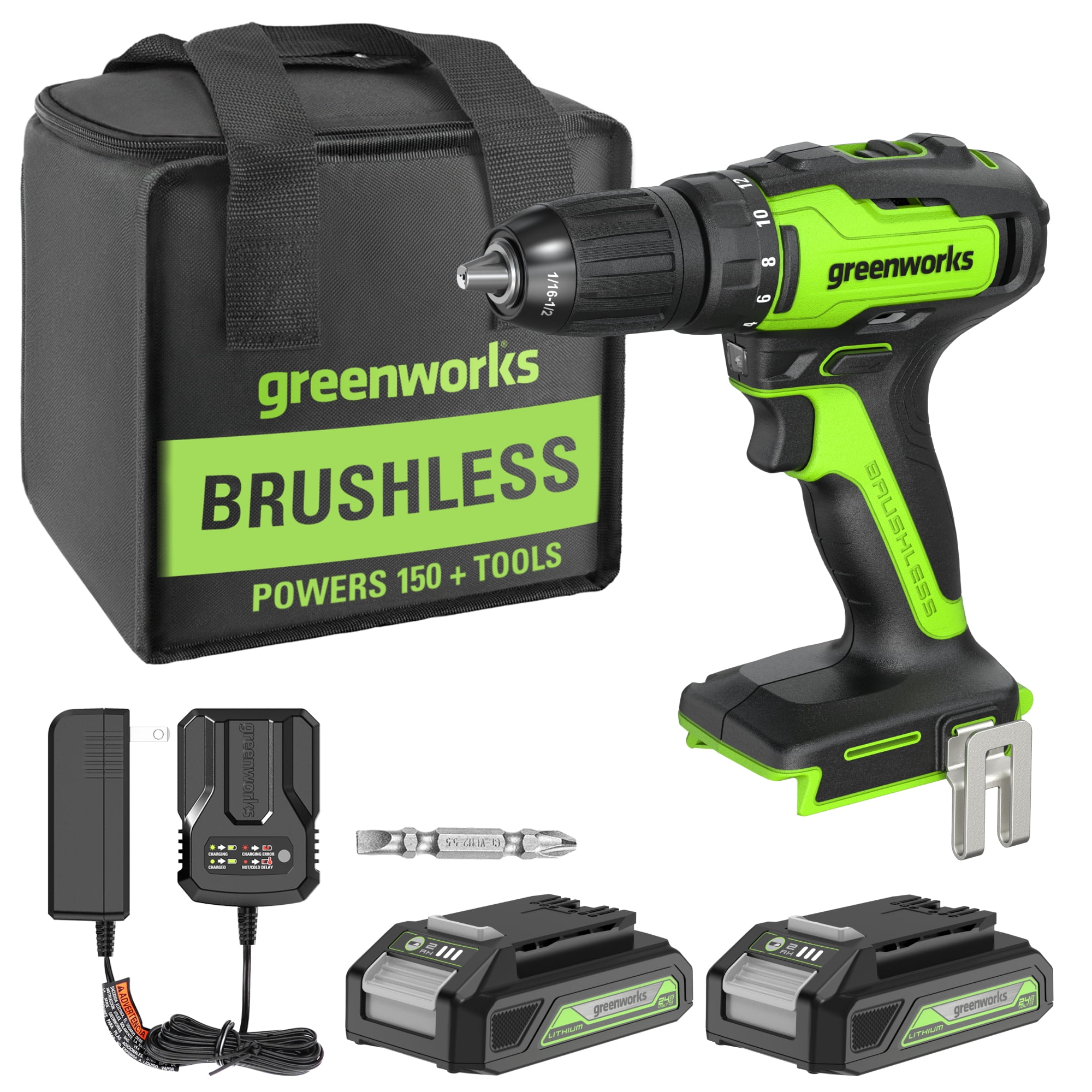 Greenworks 24V Brushless Drill Set - 310 in./lbs Cordless Power Drill Driver, 18+1 Position Clutch, 2x2Ah Batteries and Charger, Bits and Tool Bag