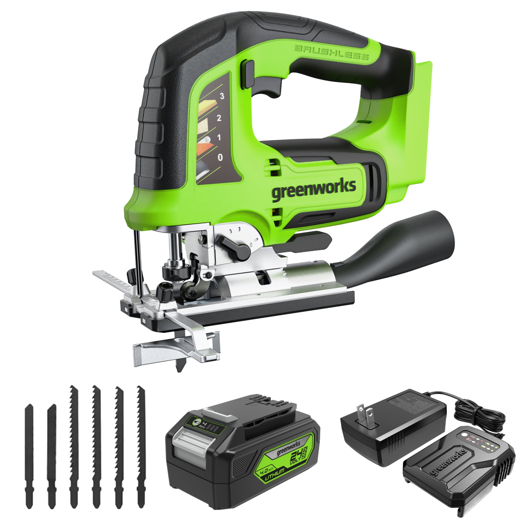 Greenworks 24V Brushless Jig Saw Kit, 4Ah USB (Power Bank) Battery and Charger