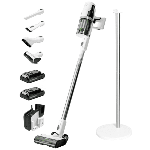 Greenworks 24V Cordless Battery White Deluxe Stick Vacuum with (2)4.0 Ah USB-C Battery & 30-Minute Super Charger