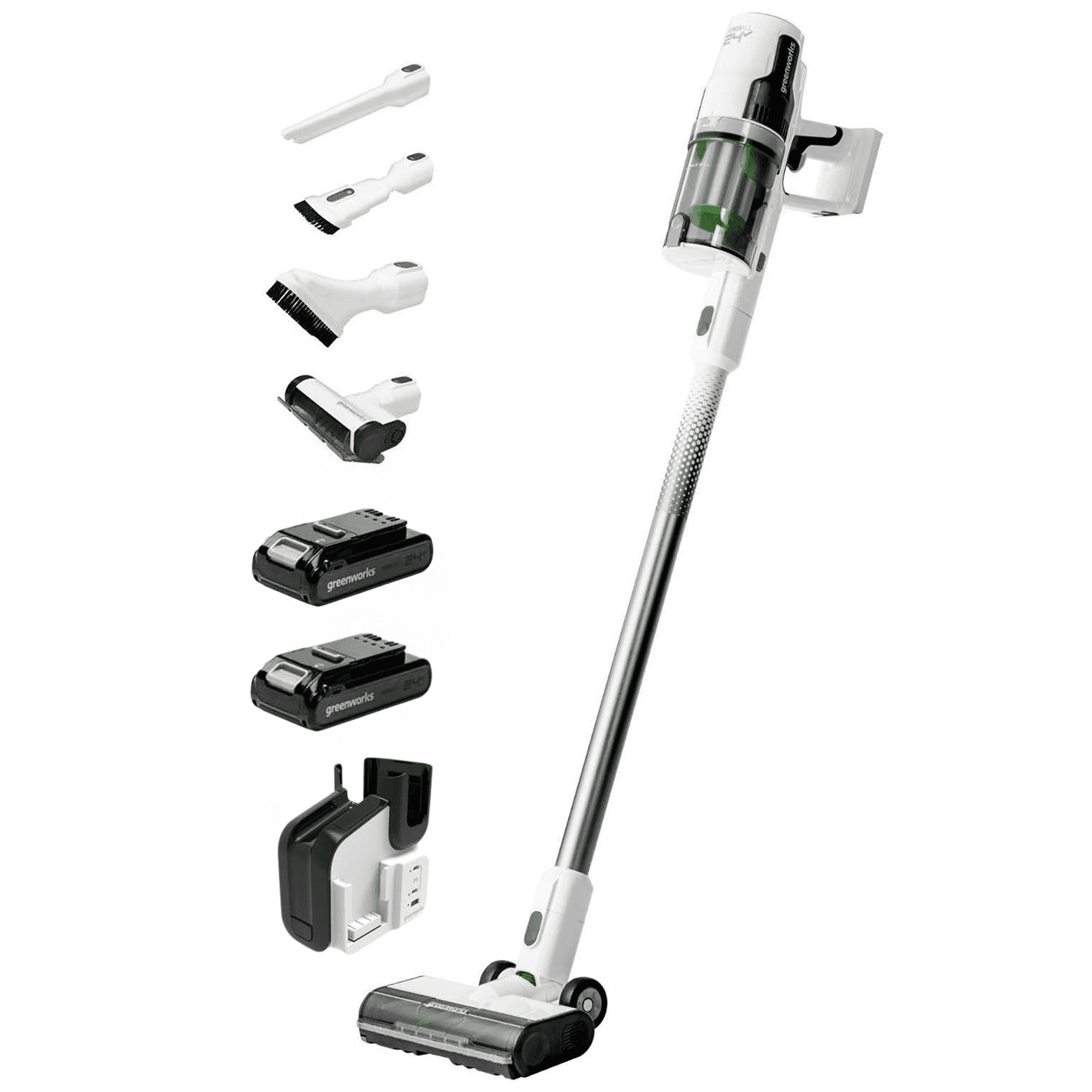 Greenworks 24V Cordless Battery White Stick Vacuum with (2)4.0 Ah USB-C Battery & 30-Minute Super Charger