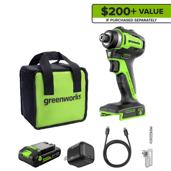 Greenworks 24V Cordless Brushless 1950 in-lbs Impact Driver, 1/4'' Hex Collet, Variable Speed, Lightweight, 2.0Ah USB-C Battery,12,000mAh Power Bank,30W USB-C Charger and USB C to USB C Cable(3.3FT)