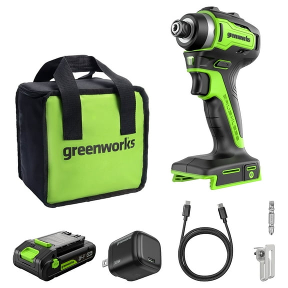 Greenworks 24V Cordless Brushless 1950 in-lbs Impact Driver, 1/4'' Hex Collet, Variable Speed, Lightweight, 2.0Ah USB-C Battery,12,000mAh Power Bank,30W USB-C Charger and USB C to USB C Cable(3.3FT)