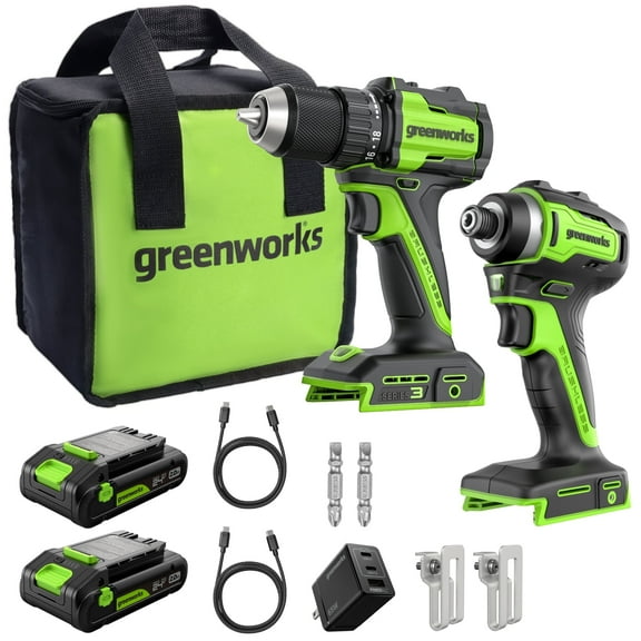 Greenworks 24V Cordless Brushless 400 in-lbs Drill/Driver 1950 in-lbs Impact Driver Combo,High Torque, Lightweight,w/(2) 2.0Ah USB-C Batteries,12000mAh Power Bank and 65W 3-Port USB-C Fast Charger