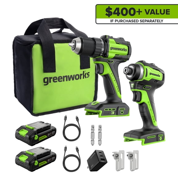 Greenworks 24V Cordless Brushless 400 in-lbs Drill/Driver+1950 in-lbs Impact Driver Combo,High Torque, Lightweight,w/(2) 2.0Ah USB-C Batteries,12000mAh Power Bank and 65W 3-Port USB-C Fast Charger