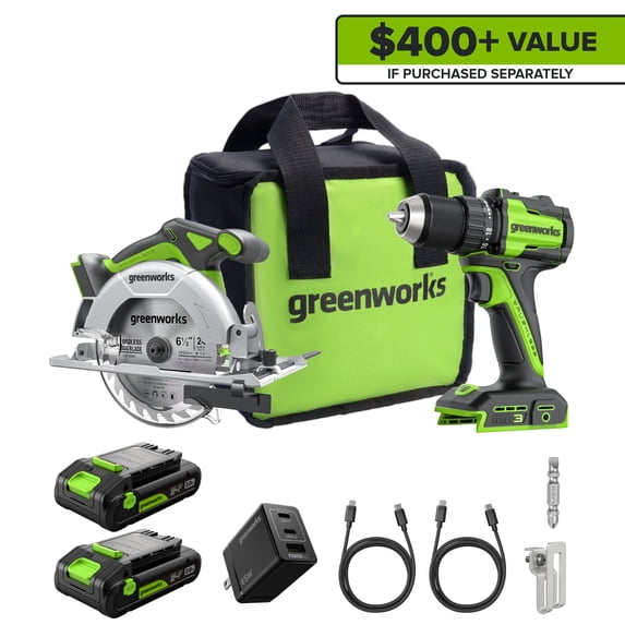 Greenworks 24V Cordless Brushless 400 in-lbs Drill/Driver + 6.5" Circular Saw, 4,800 RPM, Cutting Depth 45°/90° ,w/(2) 2.0Ah USB-C Batteries,12000mAh Power Bank and 65W 3-Port USB-C Fast Charger