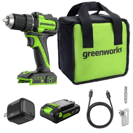 Greenworks 24V Cordless Brushless 400 in-lbs Drill/Driver, Lightweight, LED Work Light,18 1 Clutch, 2.0Ah USB-C Battery,12000mAh Power Bank,30W USB-C Charger and USB C to USB C Cable(3.3FT)