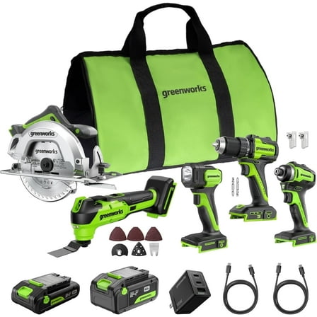 Greenworks 24V Cordless Brushless 5PCs Combo, Drill/Driver  Impact Driver  6.5" Circular Saw  Oscillating Tool  200LM Flashlight, w/2.0Ah   4.0Ah Batteries and 65W USB-C Charger