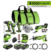 Greenworks 24V Cordless Brushless 8PCs Combo, Drill+Impact Driver+Circular Saw+Recip Saw+Jig Saw+Sander+Flashlight+Oscillating Tool w/(2) 2.0Ah+4.0Ah Batteries 