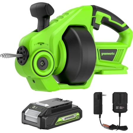 Greenworks 24V Cordless Plumbing Drain Auger / Snake (23-FT / 560 RPM) For Unclogging Sinks, Shower Drains, Toilets, and More! (3/4"-2" Pipes), 2.0Ah Battery and Charger Included
