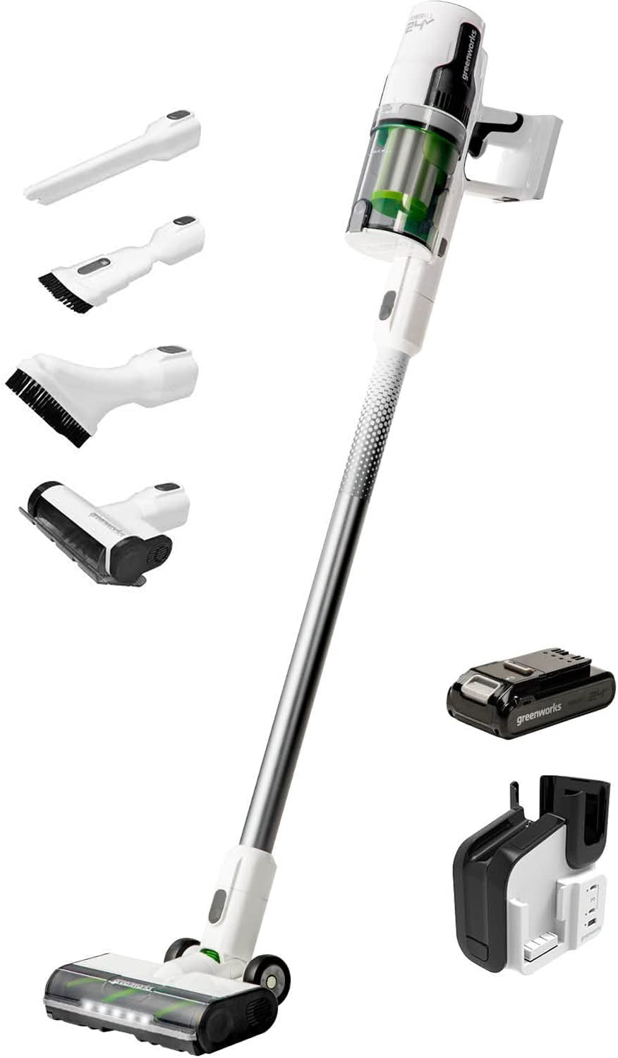 Greenworks, Cordless Stick Vacuum, 24V Deluxe Brushless, White