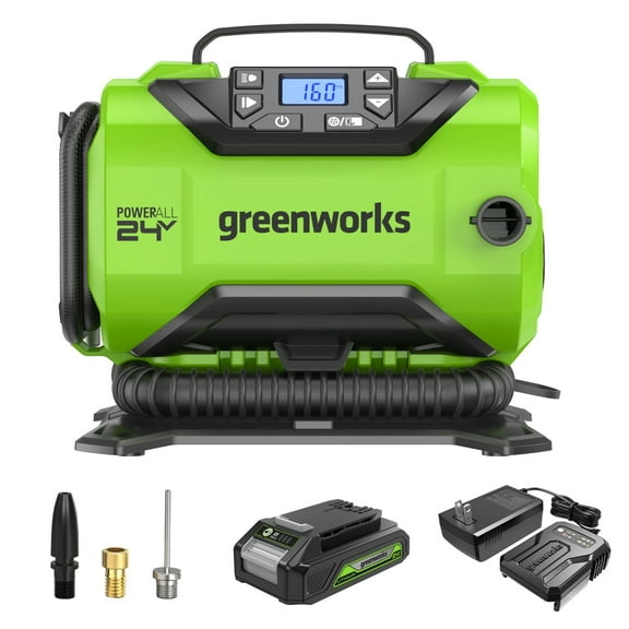 Greenworks 24V Portable Air Compressor, Cordless Tire Inflator, Max 160 PSI, with Usb (Power Bank) 2Ah Battery and 2A Charger