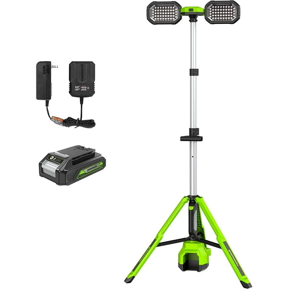 Greenworks 24V Standing Light Kit, LED Tripod Light with 2Ah Battery and 2A Charger