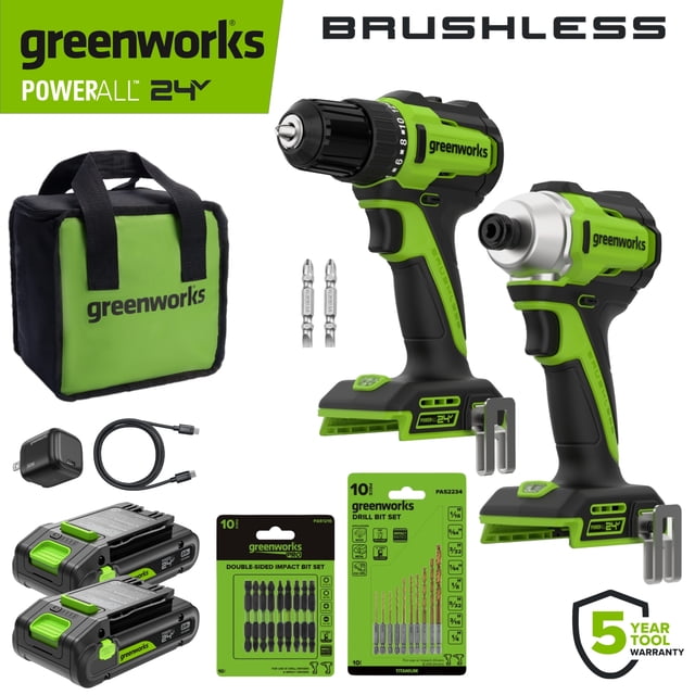 Greenworks PowerAll 24V 3/8" Drill and Impact Driver Combo Kit with (2) 2.0 Ah USB-C Batteries, 30W USB-C Charger Block, and 3' 100W USB-C Cable