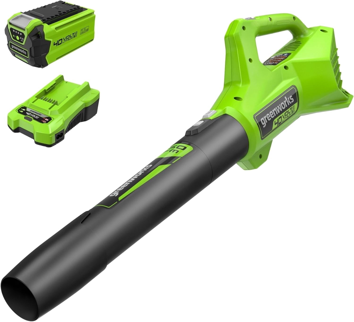 Greenworks 40V (100 MPH / 350 CFM / 75+ Compatible Tools) Cordless Axial Leaf Blower, 2.0Ah Battery and Charger Included