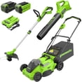 thumbnail image 1 of Greenworks 40V 16" Brushless Lawn Mower + Blower (350 CFM) + 13" String Trimmer (Bonus Spools), 4.0Ah + 2.0Ah Battery and Charger Included, 1 of 14