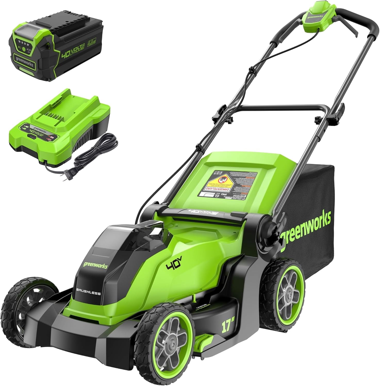 Greenworks 40V 17" Cordless Lawn Mower – Brushless Motor, 4.0Ah Battery & Charger (75+ Compatible Tools), 2-in-1 Mulch/Bag