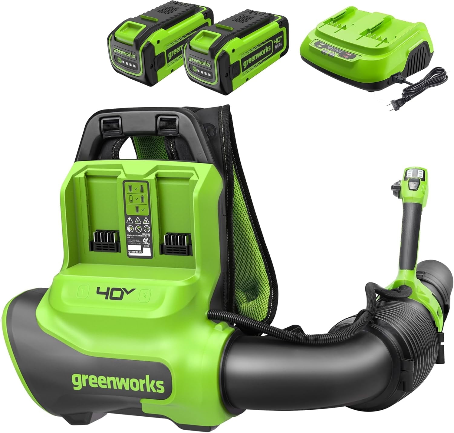 Greenworks 40V (175 MPH / 710 CFM / 75+ Compatible Tools) Dual Port Cordless Brushless Backpack Leaf Blower, (2)8.0Ah Battery and Charger Included