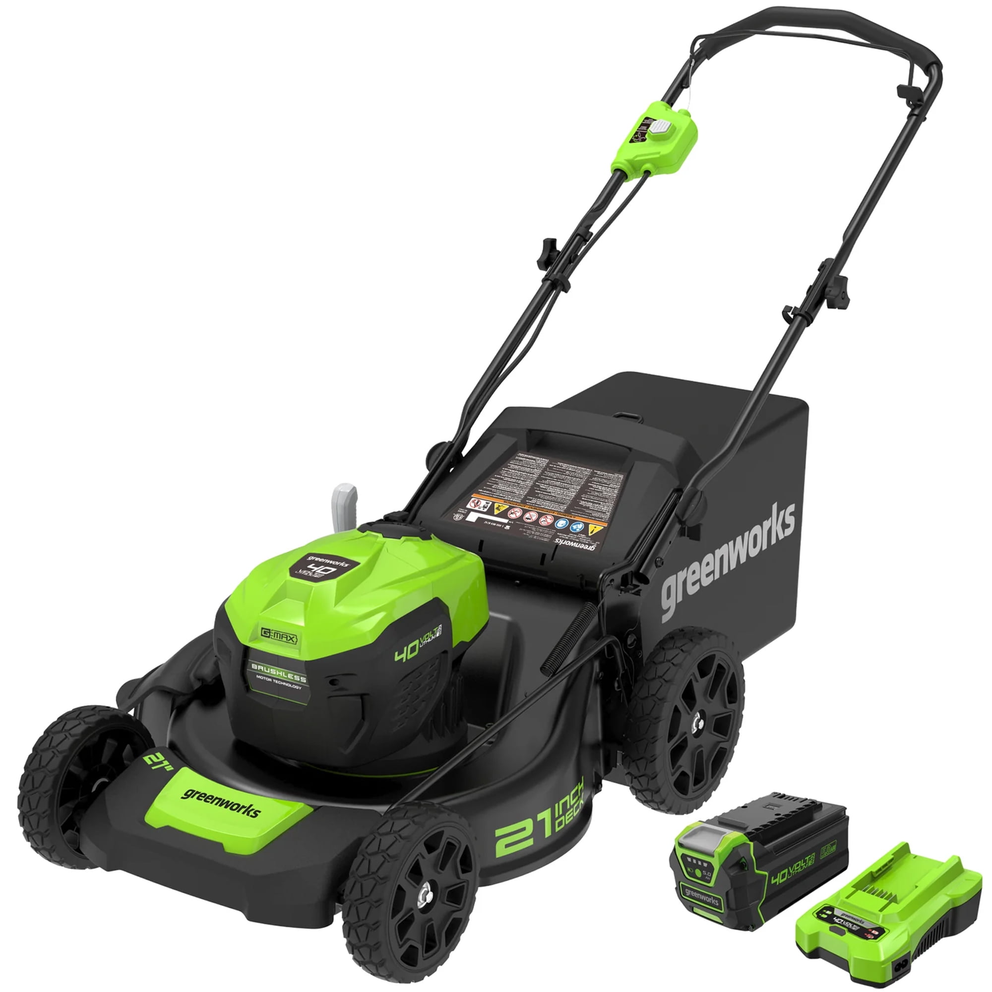 Greenworks 40V 21-inch Brushless Walk Behind Push Lawn Mower with 5Ah  Battery and Charger, 2515502 