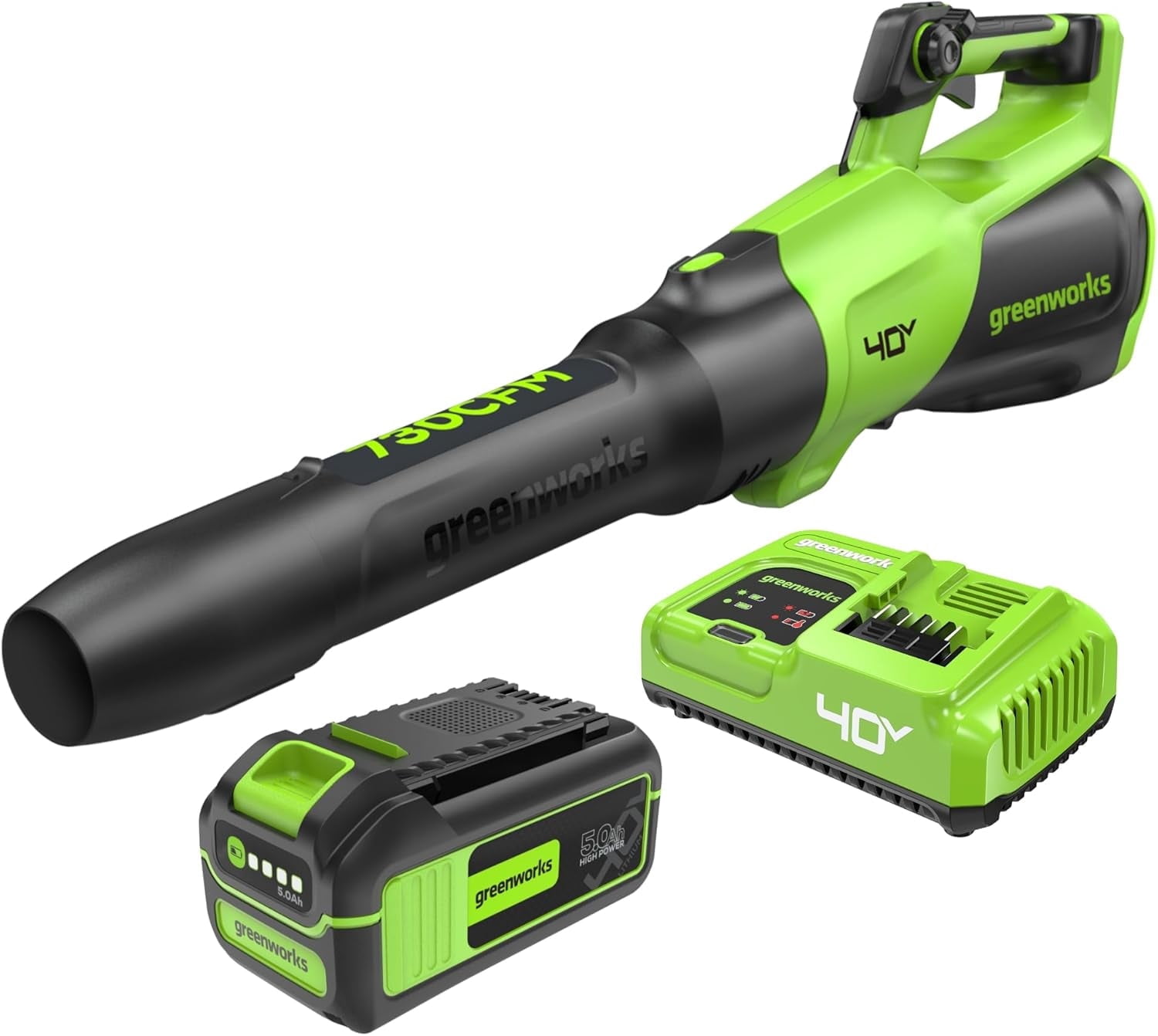 Greenworks 40V (730 CFM / 190 MPH) Cordless Brushless Leaf Blower, 5.0Ah Battery and 5A Rapid Charger