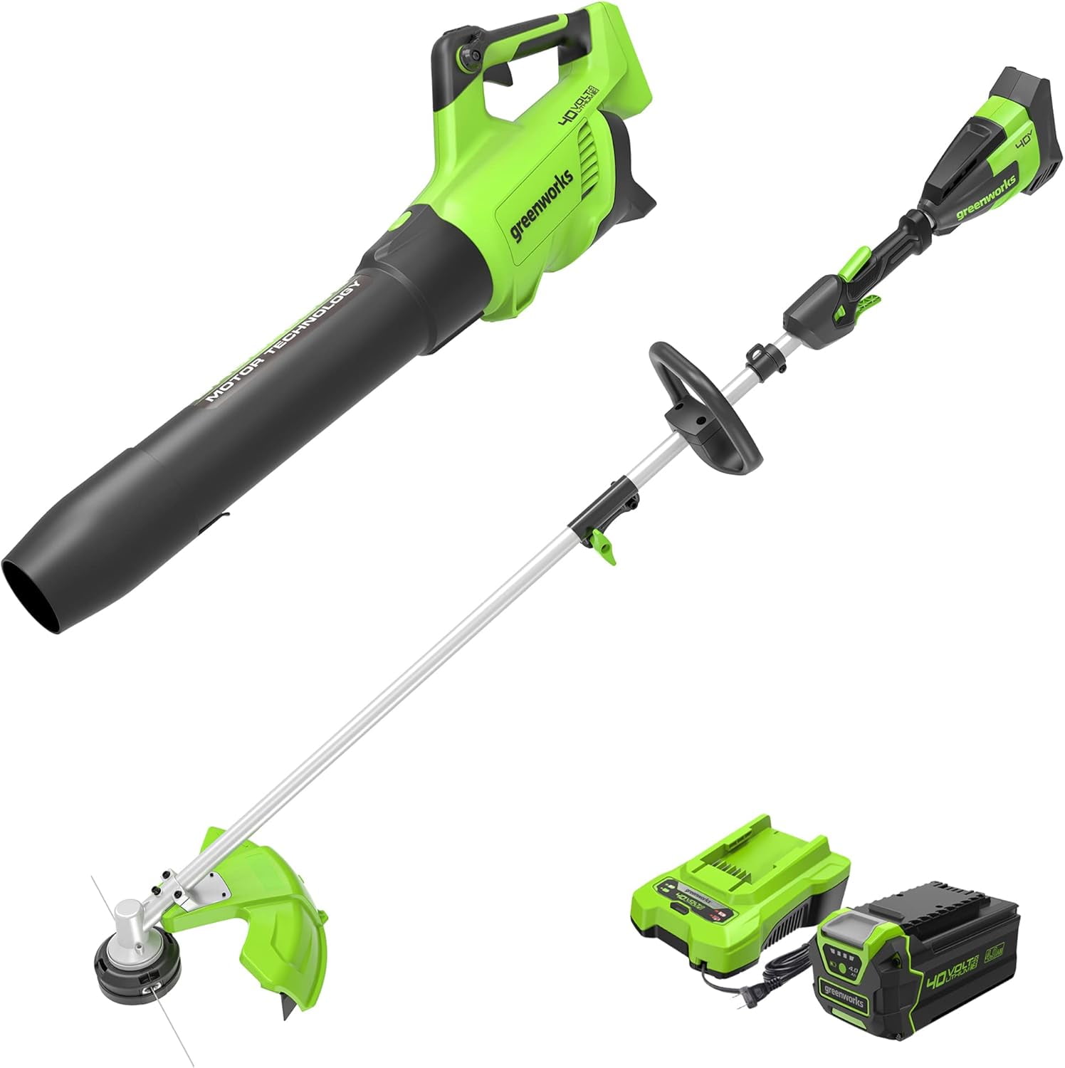 Greenworks 40V Brushless 16" Attachment Capable String Trimmer + Brushless 550 CFM/130 MPH Blower Combo Kit with a 4.0 Ah Battery and 2A Single Port Charger