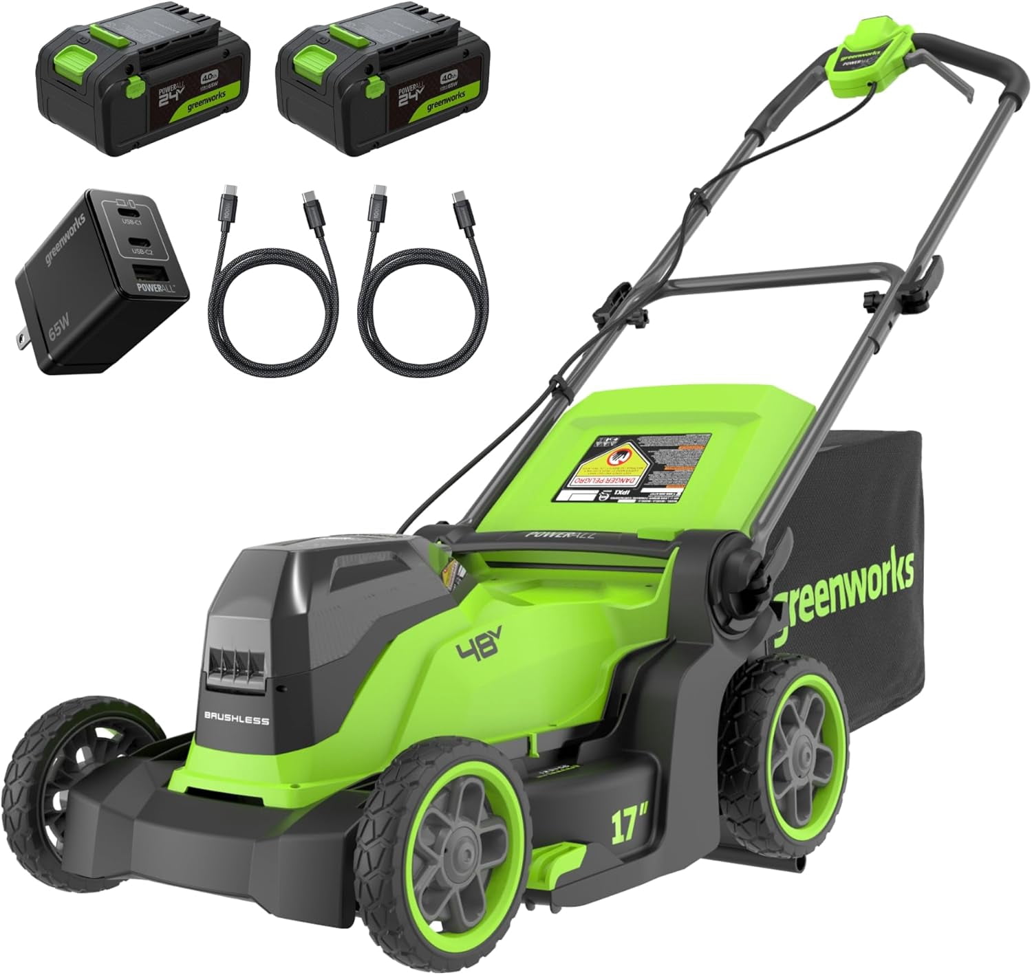 Greenworks 48V (24V x 2) 17" Brushless Cordless Push Lawn Mower, Includes (2) 4.0Ah Batteries and Dual Port Rapid Charger (200+ Compatible Tools, 45-Min Runtime)
