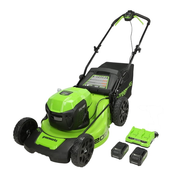 Greenworks 48V (24V x 2) 20" Brushless Battery-Powered Lawn Mower + Two (2) 4.0Ah USB Batteries and Charger