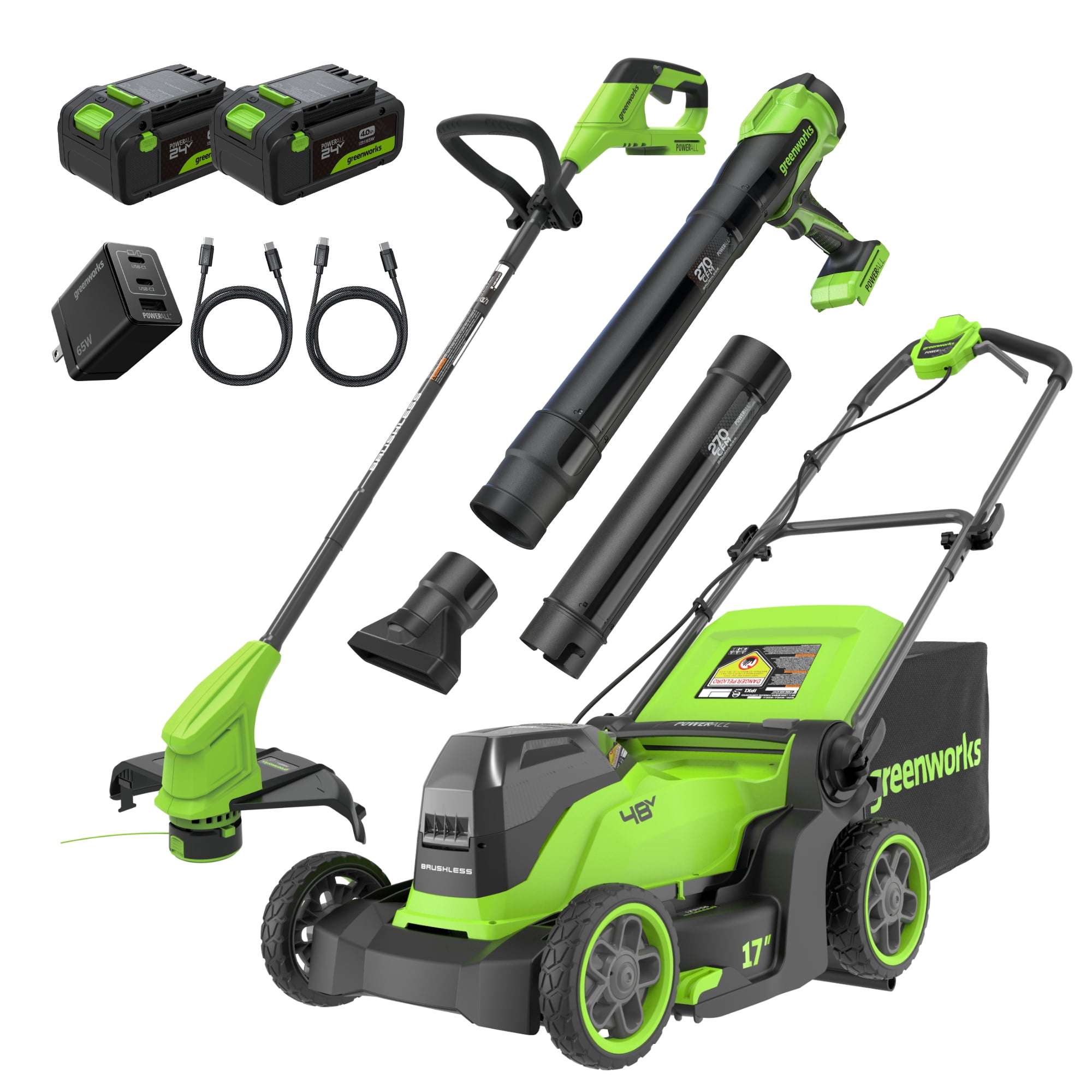 Greenworks 48V (24V x 2) 17" Brushless Push Mower + 270 CFM/130MPH Blower + 12" String Trimmer Combo with (2) 4.0Ah Batteries, 65W Type-C Charger, (2) 3-ft Cables