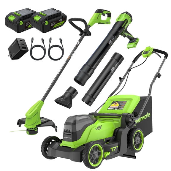 Greenworks 48V (24V x 2) 17" Brushless Push Mower + 270 CFM/130MPH Blower + 12" String Trimmer Combo with (2) 4.0Ah Batteries, 65W Type-C Charger, (2) 3-ft Cables