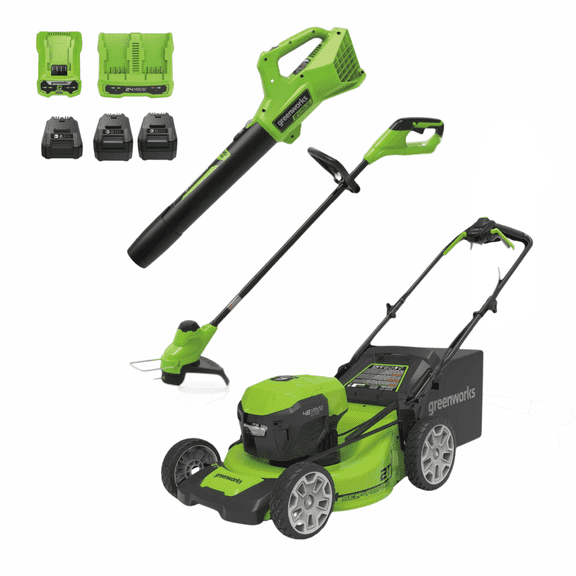 Greenworks 48V (24V x 2) 21" Cordless Battery Push Mower 3PC Combo Kit w/ (2) 5.0Ah Batteries,(1) 2.0Ah Battery,(1) Dual Port Rapid Charger & (1) 2A Charger