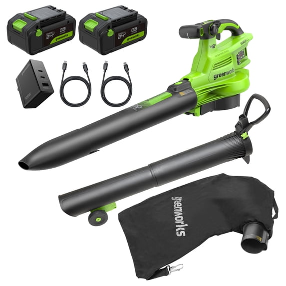 Greenworks 48V (24V x 2) 3-in-1 Brushless Blower Vacuum Mulcher (520 CFM / 240 MPH), Powerful for Yard, Lawn, Patio and Driveway Cleanup, Includes (2) 6.0Ah Batteries and 100W Fast Charger