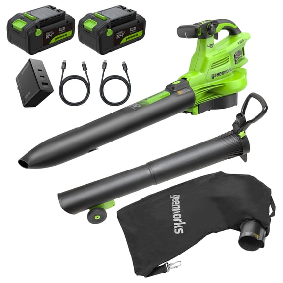Greenworks 48V (24V x 2) 3-in-1 Brushless Blower Vacuum Mulcher (520 CFM / 240 MPH), Powerful for Yard, Lawn, Patio and Driveway Cleanup, Includes (2) 6.0Ah Batteries and 100W Fast Charger