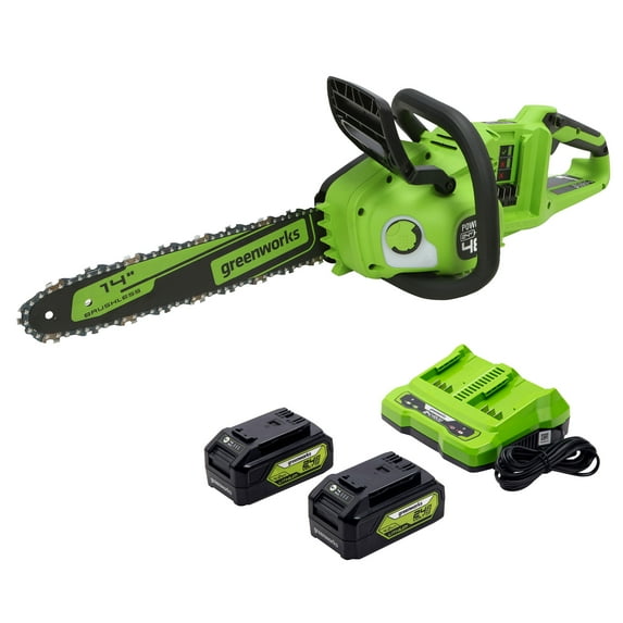 Greenworks 48V (24V x 2) Cordless 14-inch Brushless Chainsaw, with (2) 4Ah USB Batteries and Dual Port Charger, 2017902