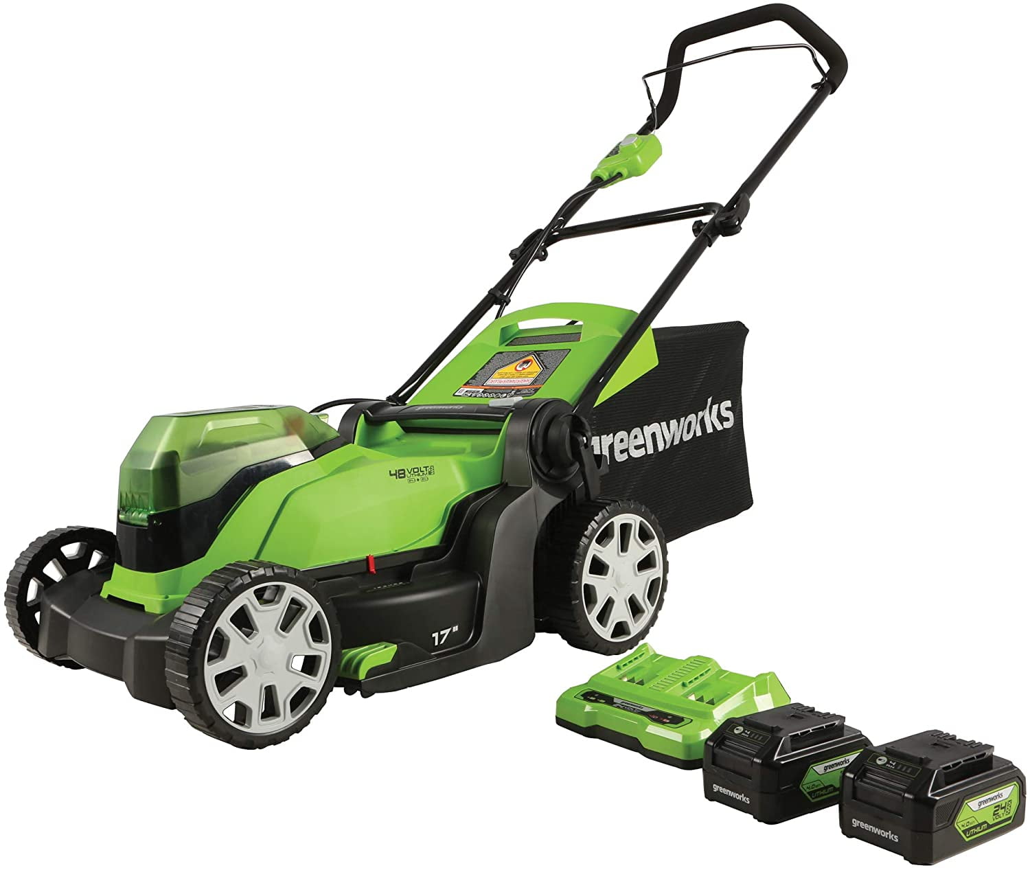 Greenworks 17 in. 48-Volt (2 x 24-Volt) Battery Walk Behind Push Mower, 2 x 24-Volt 4Ah Batteries and Dual Port Charger Included