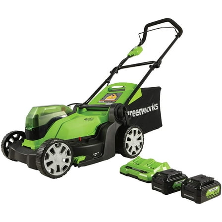 Greenworks 48V (2x24V) 17" Battery Push Mower + 2 x 24V 4Ah Batteries & Dual Port Charger 2526302